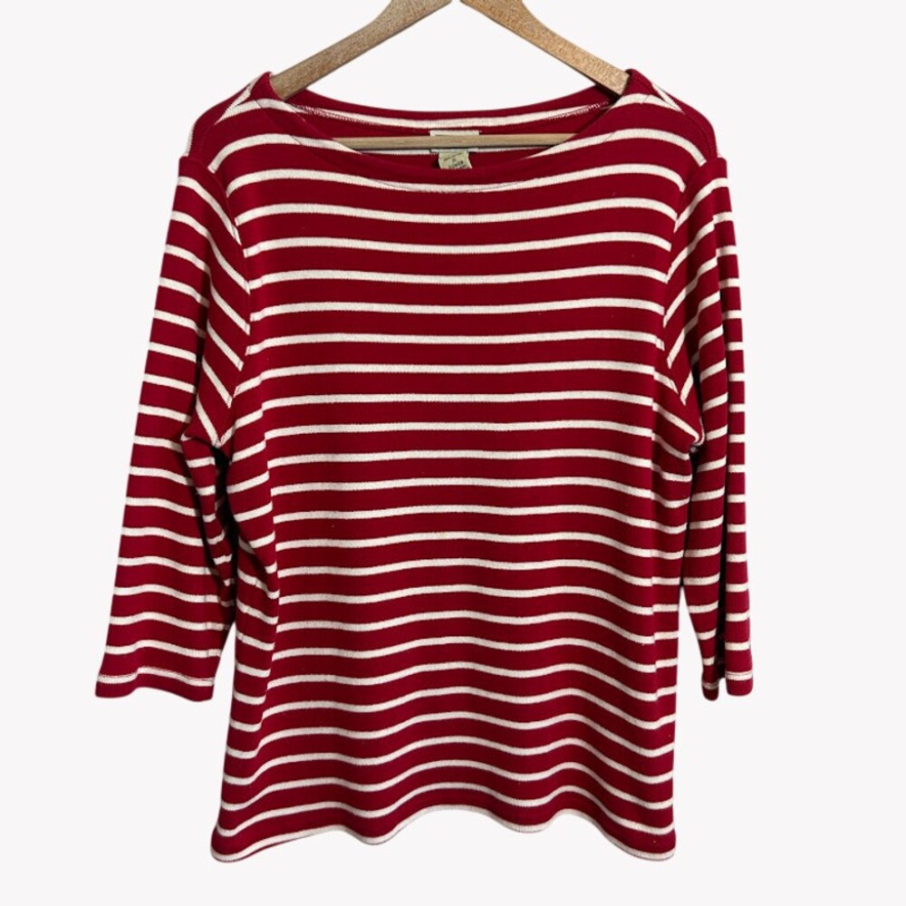 LL Bean Nautical Sailor Top Women's 1X Red Ivory Striped Boatneck 3/4 Sleeve
